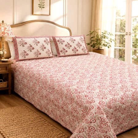 Handmade Pink Floral Butta Mulmul Cotton Quilted Bedcover